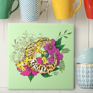 Vibrant Green Playful Leopard Gecko Floral  Ceramic Tile