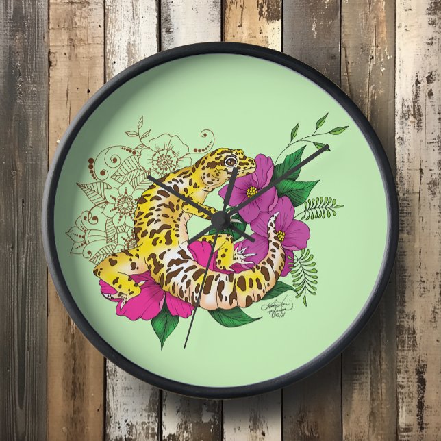 Vibrant Green Playful Leopard Gecko Floral  Clock (Creator Uploaded)