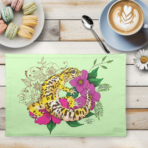 Vibrant Green Playful Leopard Gecko Floral  Cloth Placemat
