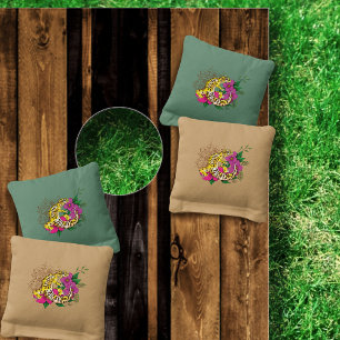 Vibrant Green Playful Leopard Gecko Floral  Cornhole Bags