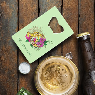Vibrant Green Playful Leopard Gecko Floral Credit Card Bottle Opener