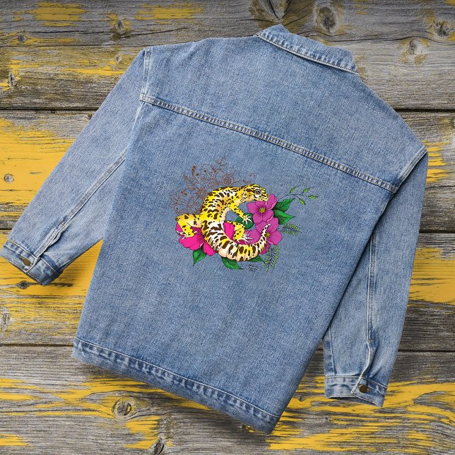 Vibrant Green Playful Leopard Gecko Floral  Denim Jacket (Creator Uploaded)
