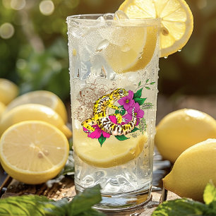 Vibrant Green Playful Leopard Gecko Floral  Glass