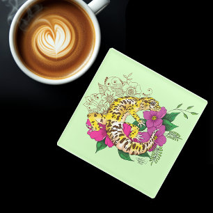 Vibrant Green Playful Leopard Gecko Floral  Glass Coaster