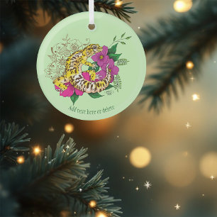 Vibrant Green Playful Leopard Gecko Floral  Glass Ornament