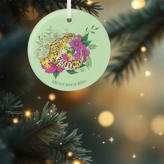 Vibrant Green Playful Leopard Gecko Floral  Glass Ornament (Creator Uploaded)