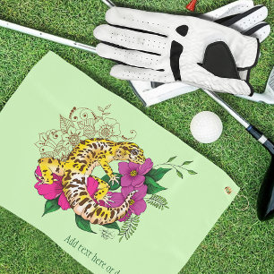 Vibrant Green Playful Leopard Gecko Floral  Golf Towel