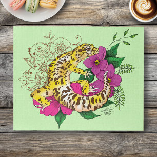 Vibrant Green Playful Leopard Gecko Floral  Jigsaw Puzzle
