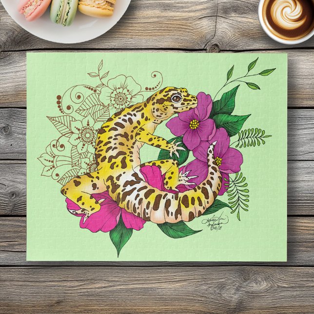 Vibrant Green Playful Leopard Gecko Floral  Jigsaw Puzzle (Creator Uploaded)