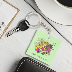 Vibrant Green Playful Leopard Gecko Floral  Keychain