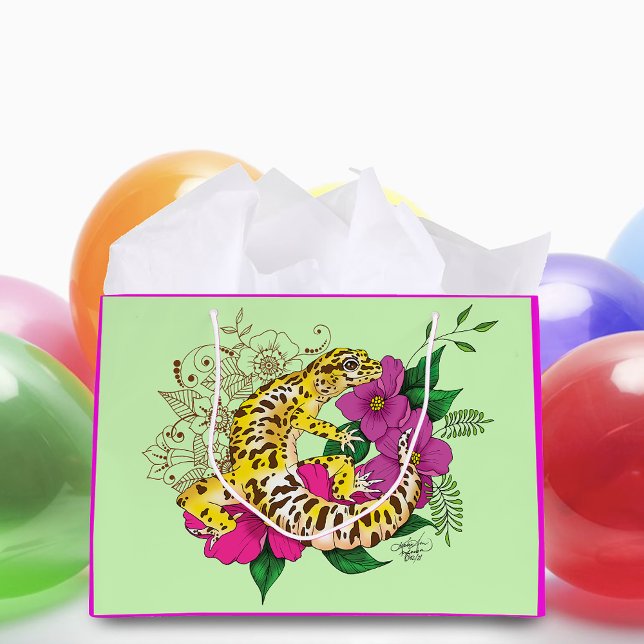 Vibrant Green Playful Leopard Gecko Floral  Large Gift Bag (Creator Uploaded)