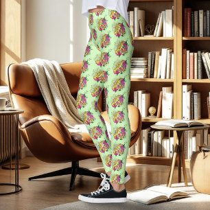 Vibrant Green Playful Leopard Gecko Floral Leggings