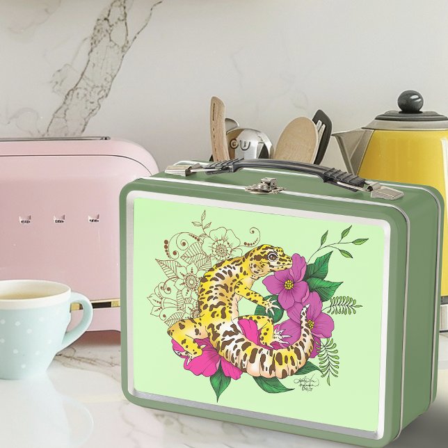 Vibrant Green Playful Leopard Gecko Floral  Metal Lunch Box (Creator Uploaded)