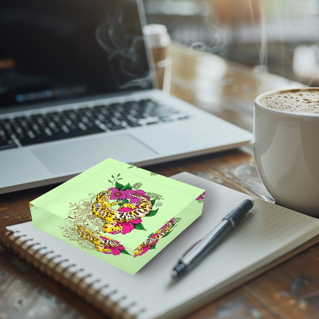 Vibrant Green Playful Leopard Gecko Floral  Paperweight (Creator Uploaded)