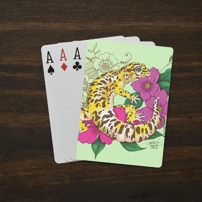 Vibrant Green Playful Leopard Gecko Floral  Poker Cards (Creator Uploaded)