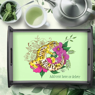 Vibrant Green Playful Leopard Gecko Floral  Serving Tray