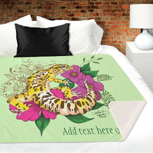 Vibrant Green Playful Leopard Gecko Floral  Sherpa Blanket