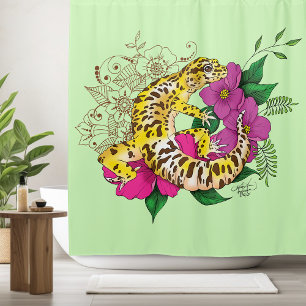Vibrant Green Playful Leopard Gecko Floral  Shower Curtain