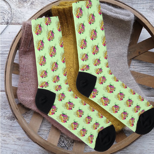 Vibrant Green Playful Leopard Gecko Floral  Socks (Creator Uploaded)