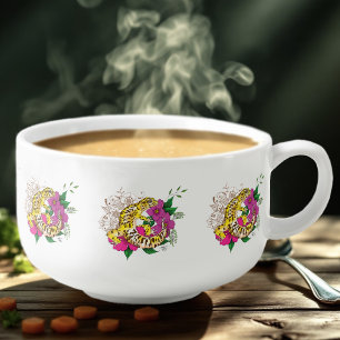 Vibrant Green Playful Leopard Gecko Floral Soup Mug