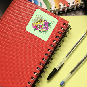 Vibrant Green Playful Leopard Gecko Floral  Square Sticker