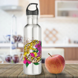 Vibrant Green Playful Leopard Gecko Floral  Stainless Steel Water Bottle