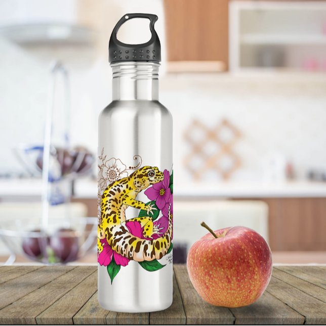 Vibrant Green Playful Leopard Gecko Floral  Stainless Steel Water Bottle (Creator Uploaded)
