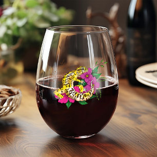 Vibrant Green Playful Leopard Gecko Floral  Stemless Wine Glass