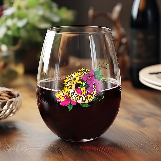 Vibrant Green Playful Leopard Gecko Floral  Stemless Wine Glass (Creator Uploaded)