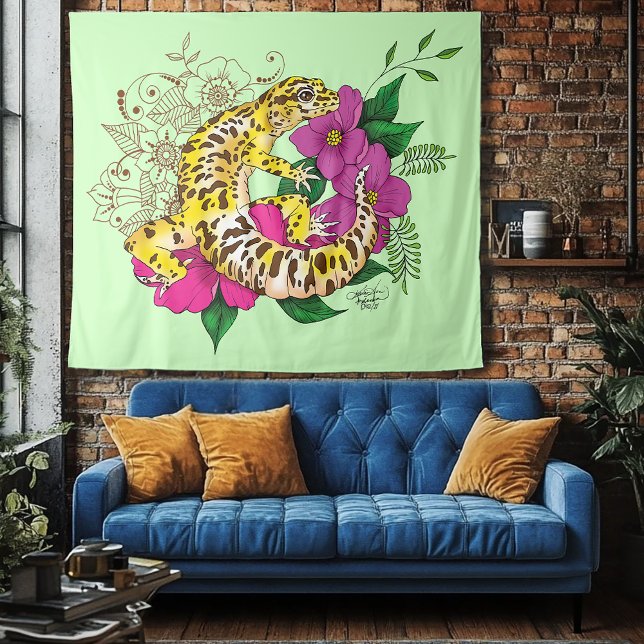 Vibrant Green Playful Leopard Gecko Floral  Tapestry (Creator Uploaded)