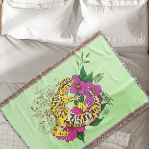 Vibrant Green Playful Leopard Gecko Floral  Throw Blanket