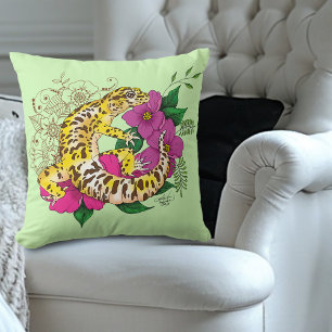Vibrant Green Playful Leopard Gecko Floral Throw Pillow