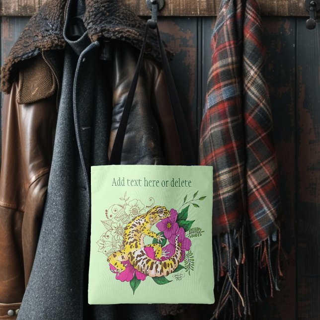Vibrant Green Playful Leopard Gecko Floral  Tote Bag (Creator Uploaded)