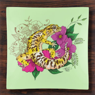 Vibrant Green Playful Leopard Gecko Floral  Trinket Tray