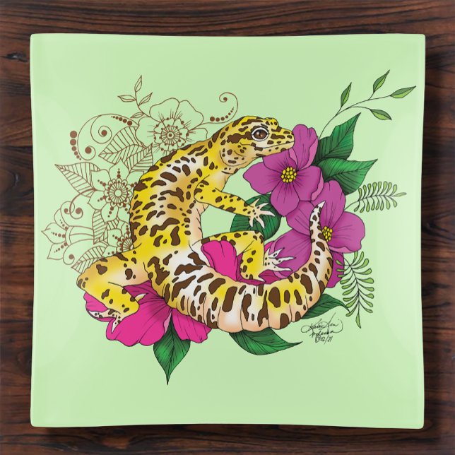 Vibrant Green Playful Leopard Gecko Floral  Trinket Tray (Creator Uploaded)