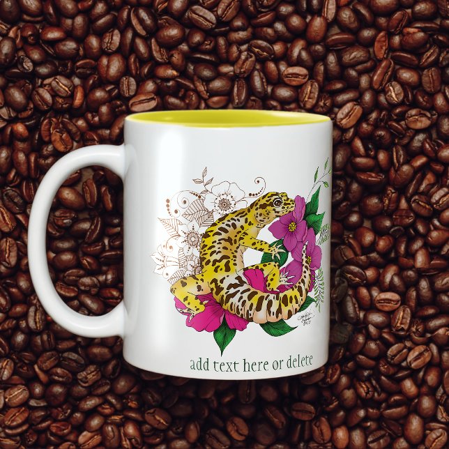 Vibrant Green Playful Leopard Gecko Floral  Two-Tone Coffee Mug (Creator Uploaded)