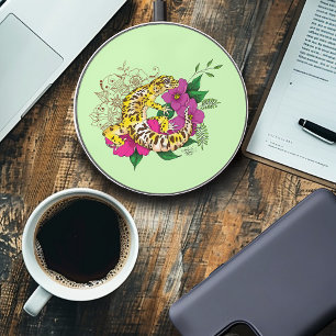 Vibrant Green Playful Leopard Gecko Floral  Wireless Charger