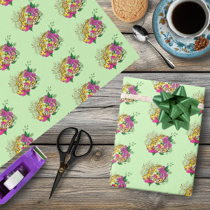 Vibrant Green Playful Leopard Gecko Floral Wrapping Paper