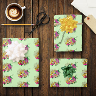 Vibrant Green Playful Leopard Gecko Floral  Wrapping Paper Sheets