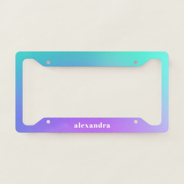 Vibrant Green Purple Abstract Gradient Glam Name License Plate Frame (Front)