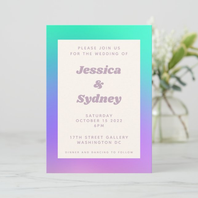 Vibrant Green Purple Abstract Gradient Wedding Invitation (Standing Front)