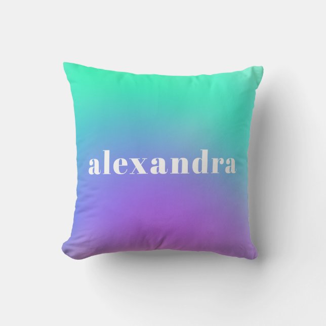 Vibrant Green Purple Gradient Personalized Name Throw Pillow (Front)