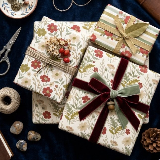 Vibrant Green & Red Wildflowers Watercolor TMF26 Wrapping Paper Sheets (Spring Botanical and Bloom Wrapping Paper Sheets Set with Three Green and Red Watercolor Effect Desi)