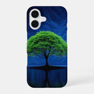 Vibrant Green Tree on Midnight Blue Lake Phone iPhone 16 Case