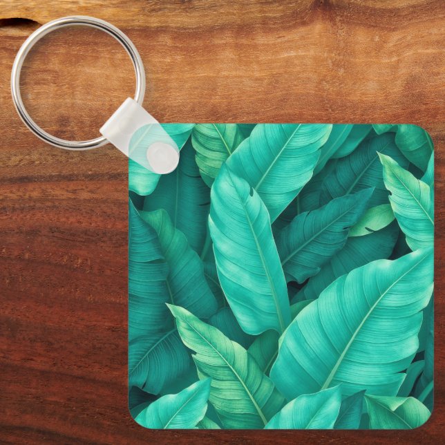 Vibrant Green Tropical Banana Leaves Pattern Keychain (Front)