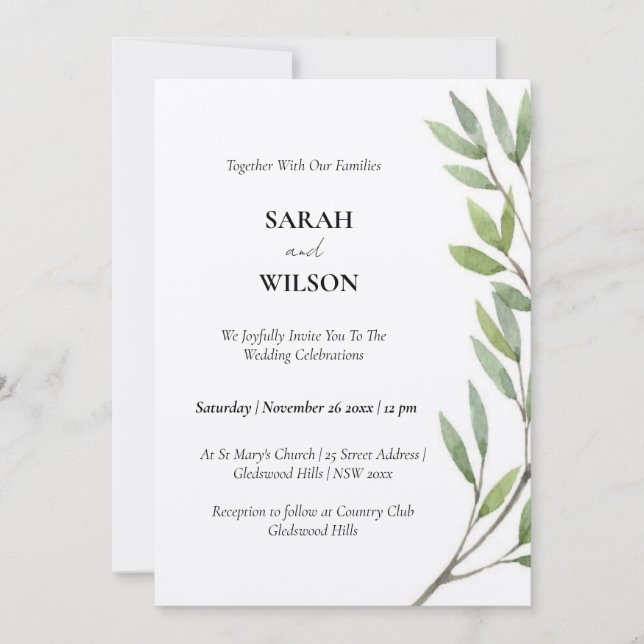 VIBRANT GREEN WATERCOLOR FERN FOLIAGE INVITATION (Front)