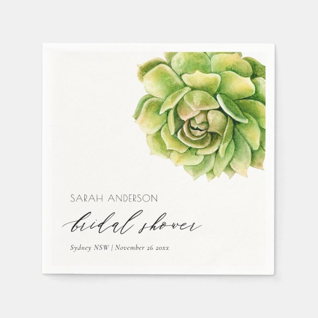 VIBRANT GREEN WATERCOLOR SUCCULENT BRIDAL SHOWER PAPER NAPKINS (Front)