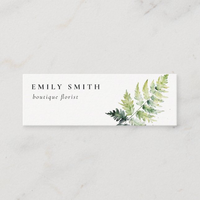 VIBRANT GREEN WATERCOLOUR FERN FOLIAGE ADDRESS MINI BUSINESS CARD (Front)
