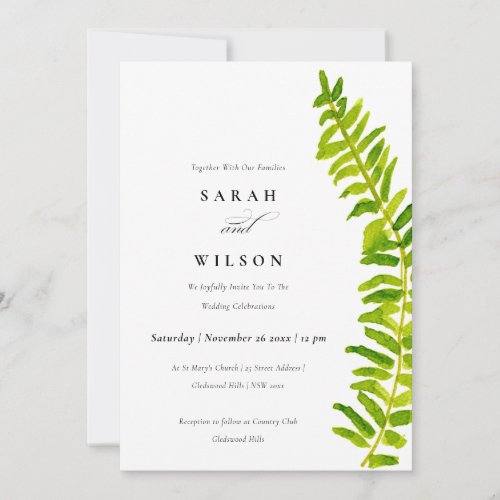 VIBRANT GREEN WATERCOLOUR FERN FOLIAGE WEDDING INVITATION