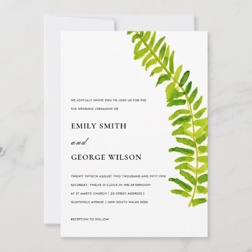 VIBRANT GREEN WATERCOLOUR FERN FOLIAGE WEDDING INVITATION